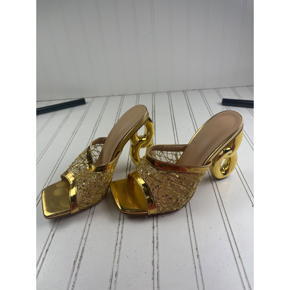Vintage Y2K Gold Sequin Mesh Statement Mule Heels Women's Size 8-8.5 - Picture 3 of 8